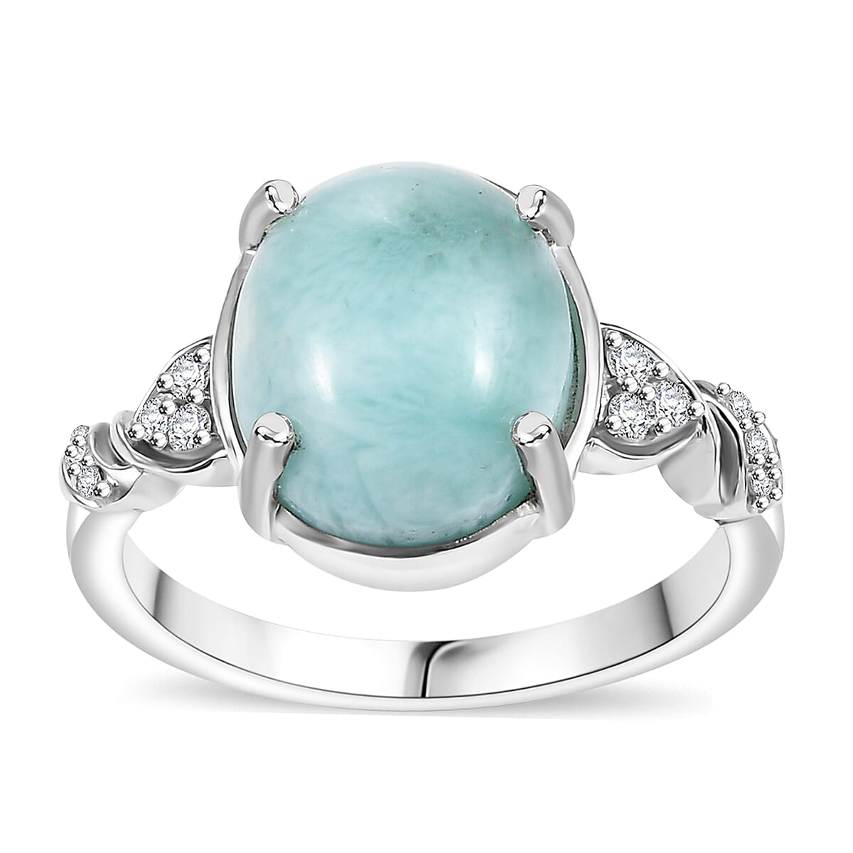 Natural Green Larimar, Moissanite Ocean Wave Ring in Rhodium Over Sterling Silver (Size 10.0) 6.00 ctw