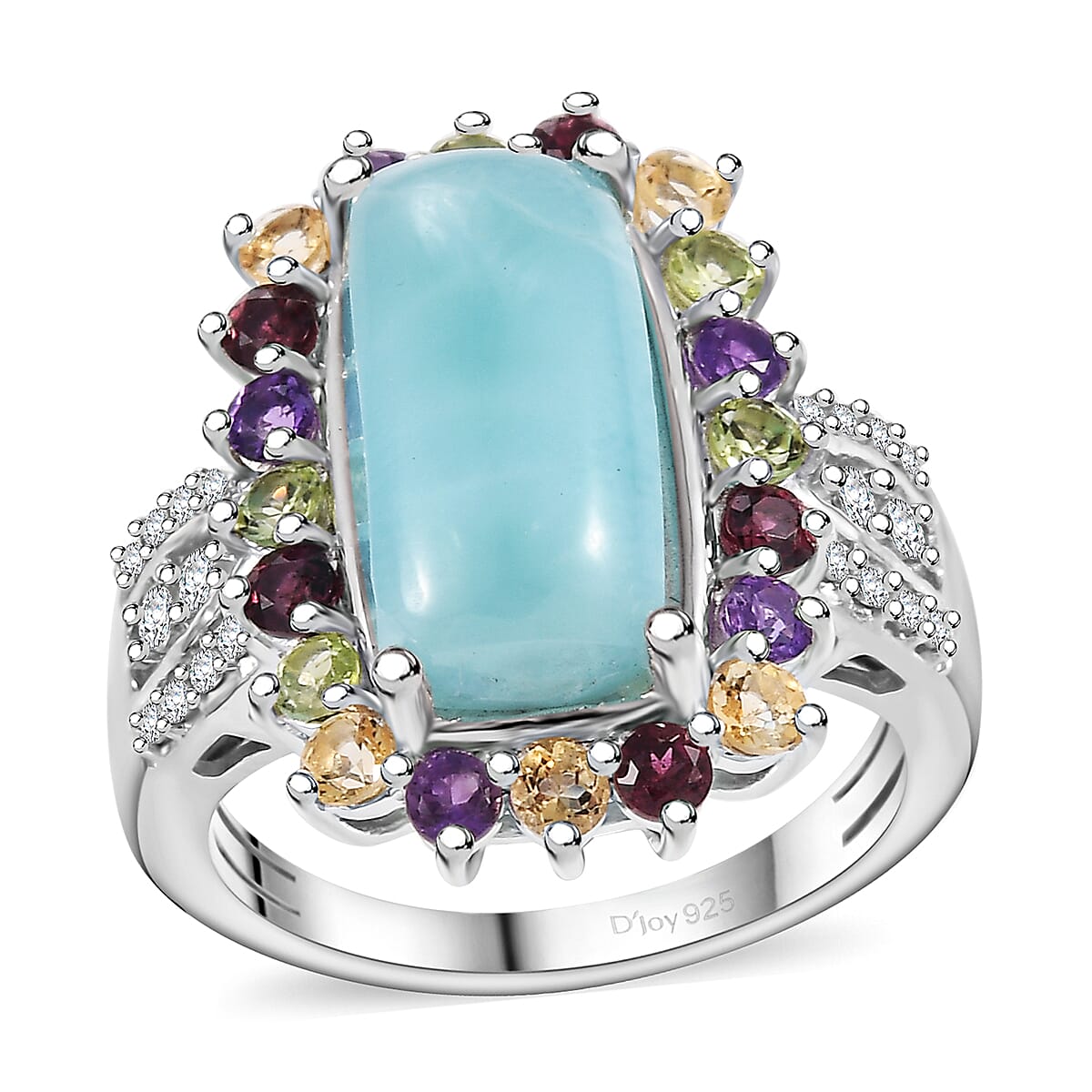 Natural Green Larimar, Multi Gemstone Sunlight Ring in Rhodium Over Sterling Silver (Size 10.0) 6.00 ctw