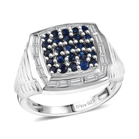 Ceylon Blue Sapphire White Zircon Elegant Men's Ring in Rhodium Over Sterling Silver Size 10.0 2.25 ctw
