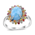 Premium Larimar, Multi Sapphire Florla Ring in Rhodium Over Sterling Silver (Size 10.0) 4.00 ctw - Sticky add to cart bar
