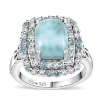 Natural Green Larimar, Multi Gemstone Ocean Water Bubbles Ring in Rhodium Over Sterling Silver (Size 10.0) 4.90 ctw
