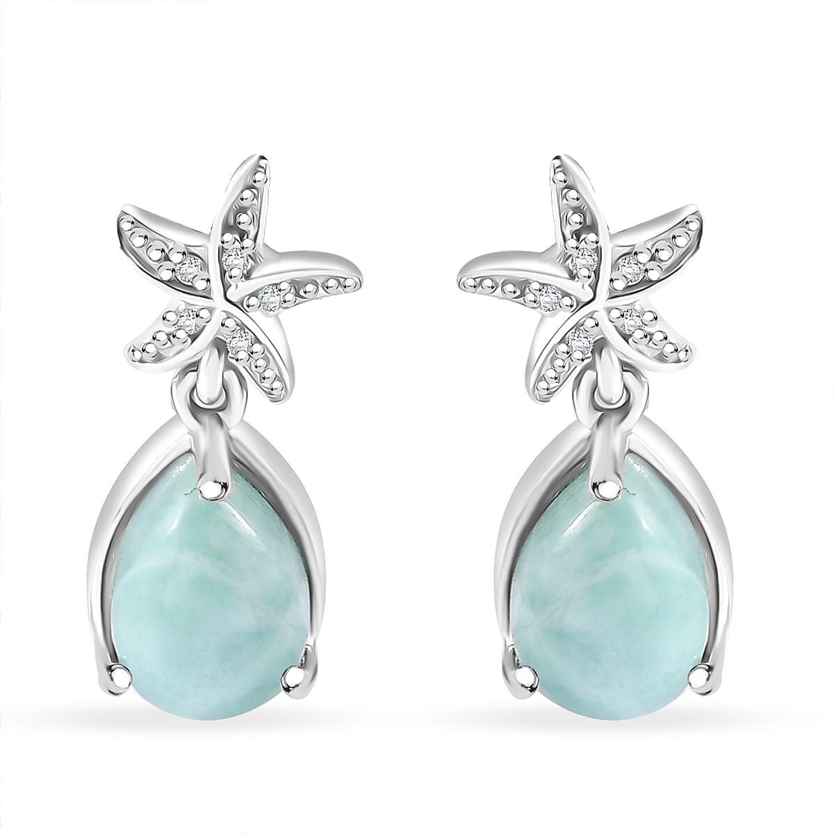 D'Joy Natural Green Larimar and White Zircon 2.90 ctw Starfish in Deep Ocean Earrings in Rhodium Over Sterling Silver