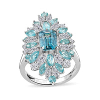 Premium Cambodian Blue Zircon, Multi Gemstone Ring in Rhodium Over Sterling Silver (Size 10.0) 6.60 ctw