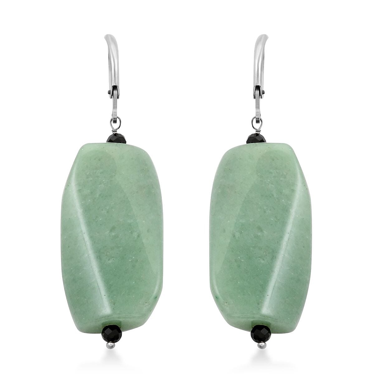 Green Aventurine and Thai Black Spinel Earrings in Stainless Steel 61.00 ctw