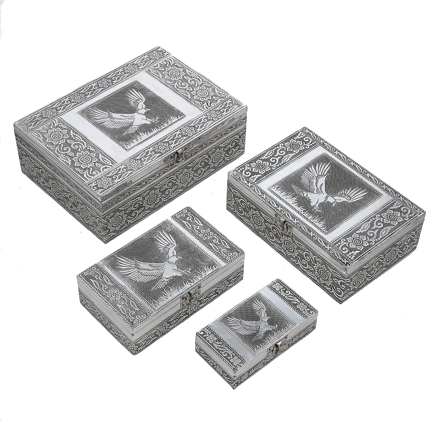 Eagle Embossed Aluminium Oxidized Set of 4 Nesting Storage Box (5"x2.5"x1.25" - 9.5"x6.75"x3.5")