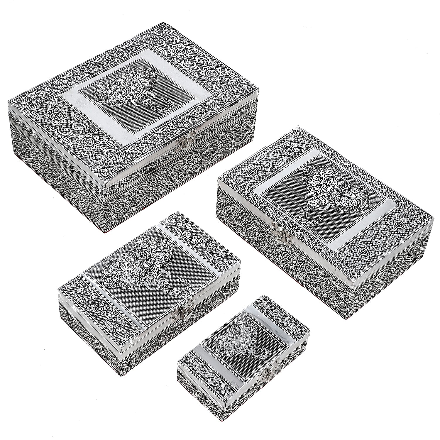 Eagle Embossed Aluminium Oxidized Set of 4 Nesting Storage Box (5"x2.5"x1.25" - 9.5"x6.75"x3.5")