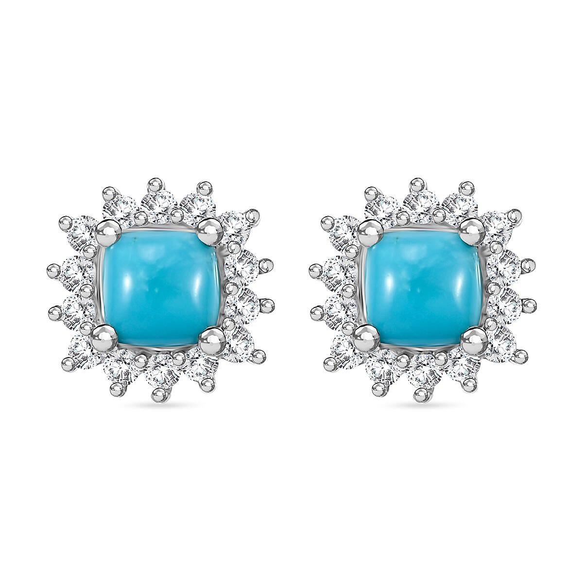 D'Joy Sleeping Beauty Turquoise and White Zircon 1.10 ctw Sunburst Earrings in Rhodium Over Sterling Silver