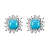 D'Joy Sleeping Beauty Turquoise and White Zircon 1.10 ctw Sunburst Earrings in Rhodium Over Sterling Silver