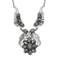 D'Joy Indian Artisan Crafted Blue Horizon Turquoise and White Buffalo 12.60 ctw Feather Necklace in Black Oxidized Sterling Silver 18-20 Inches