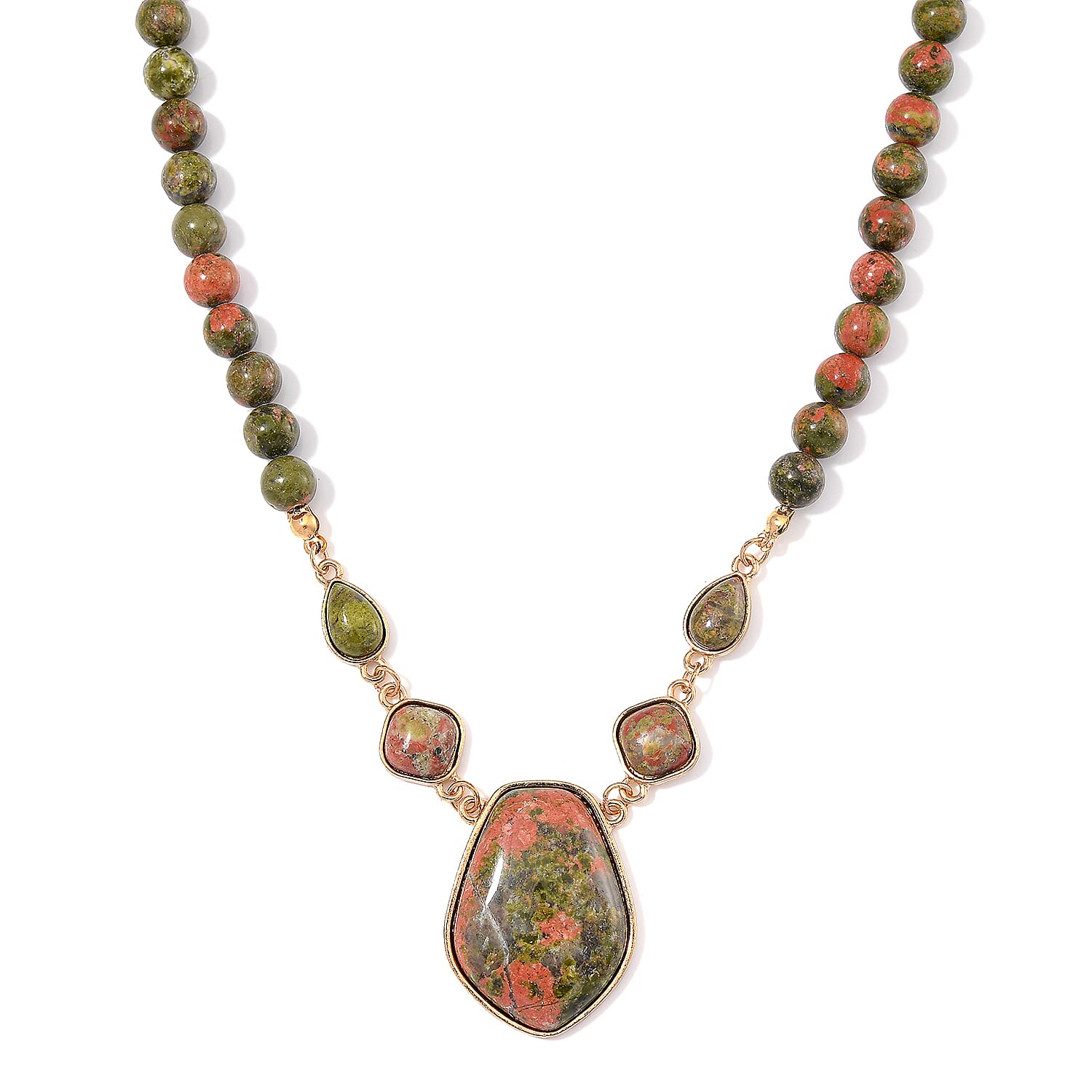 Unakite 220.00 ctw Necklace 18-20 Inches in ION Plated YG Stainless Steel
