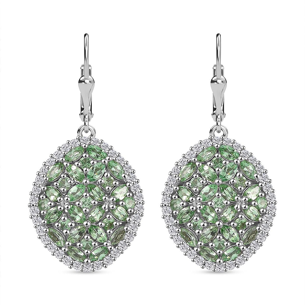 Tsavorite Garnet, White Zircon Earrings in Rhodium Over Sterling Silver 5.65 ctw