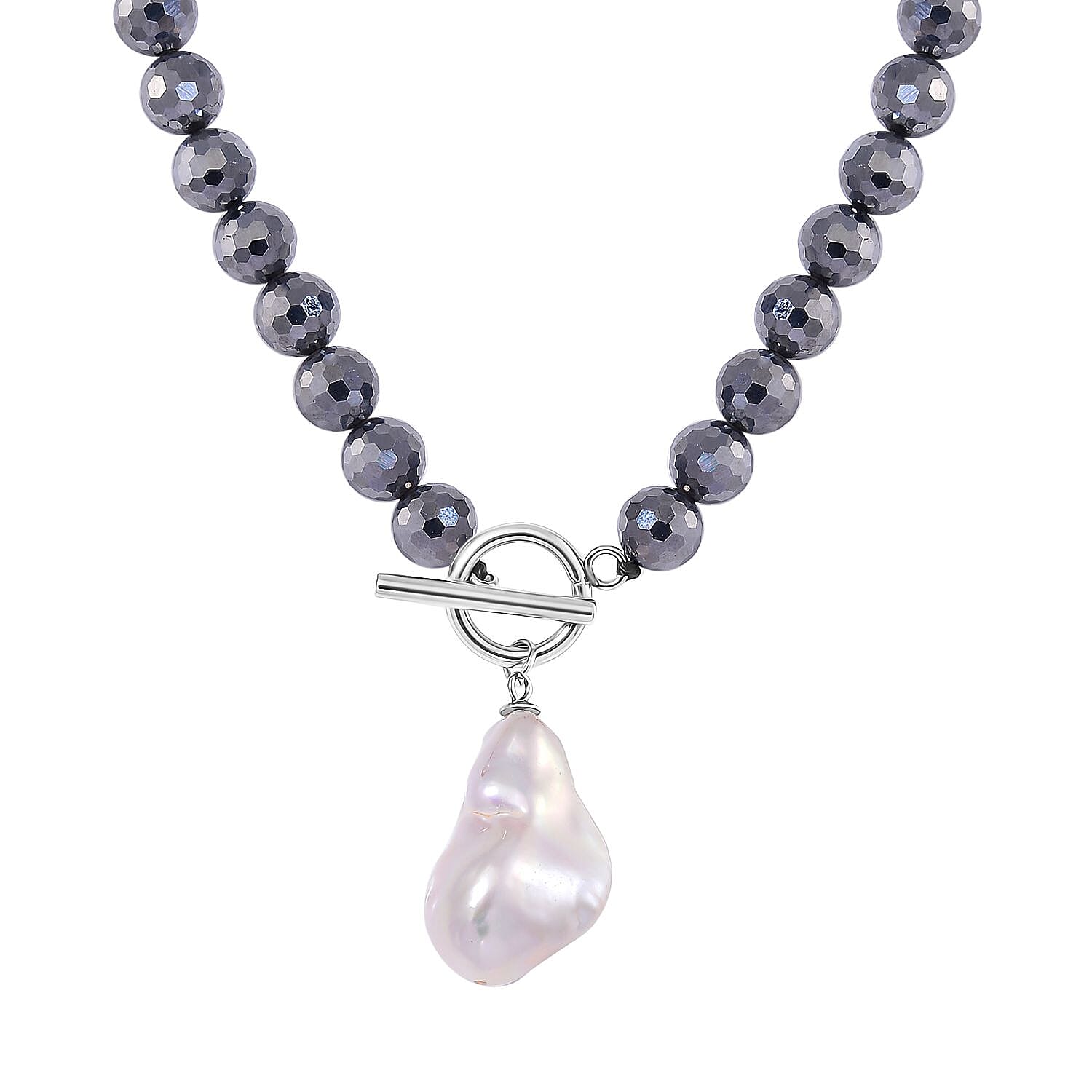 White Freshwater Pearl and Terahertz 200.00 ctw Necklace 20 Inches in Stainless Steel