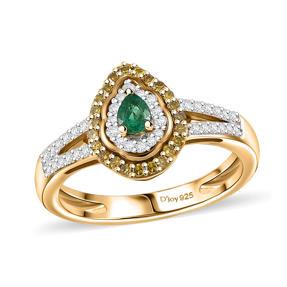 AAAA Boyaca Colombian Emerald, Yellow Diamond (IR), Diamond (0.35 cts) Modern Glamour Ring in 18K Vermeil YG Over Sterling Silver (Size 10.0) 0.50 ctw
