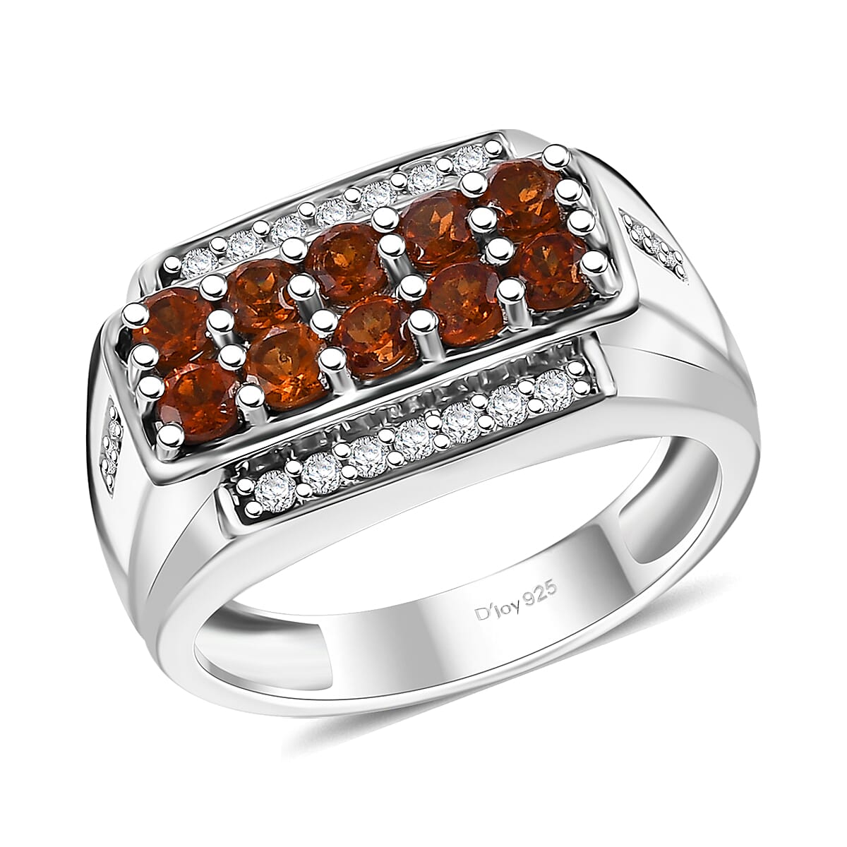 Ceylon Hessonite Garnet and White Zircon 1.70 ctw Men's Ring in Rhodium Over Sterling Silver (Size 10.0)