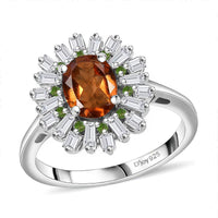 Tanzanian Sunlit Garnet, Multi Gemstone Sunburst Ring in Rhodium Over Sterling Silver (Size 5.0) 2.00 ctw
