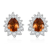 D'Joy Ceylon Hessonite Garnet and White Zircon 0.60 ctw Sunburst Stud Earrings in Rhodium Over Sterling Silver