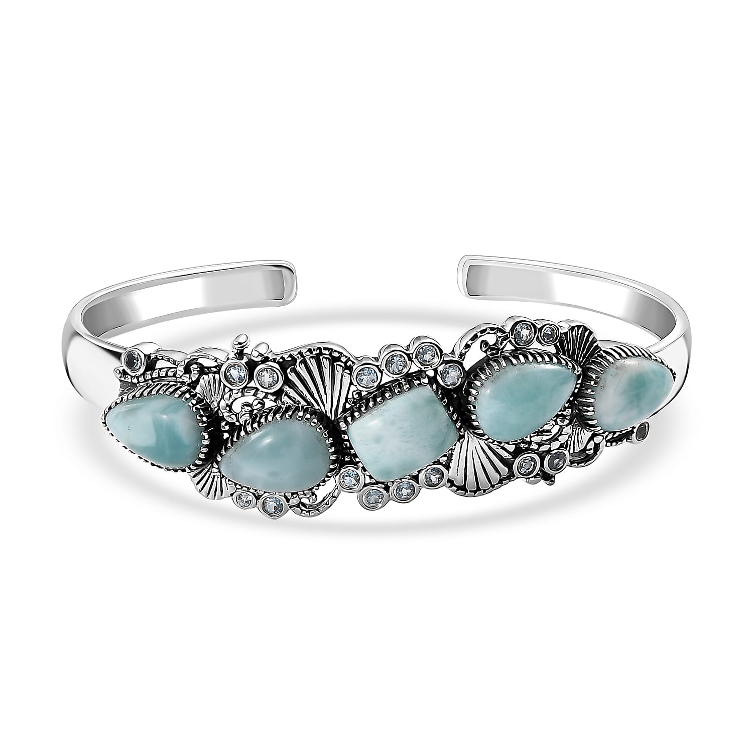 D'Joy Artisan Crafted Natural Green Larimar and Sky Blue Topaz 19.50 ctw Seaside Treasures Cuff Bracelet in Black Oxidized Sterling Silver (7.25 In)