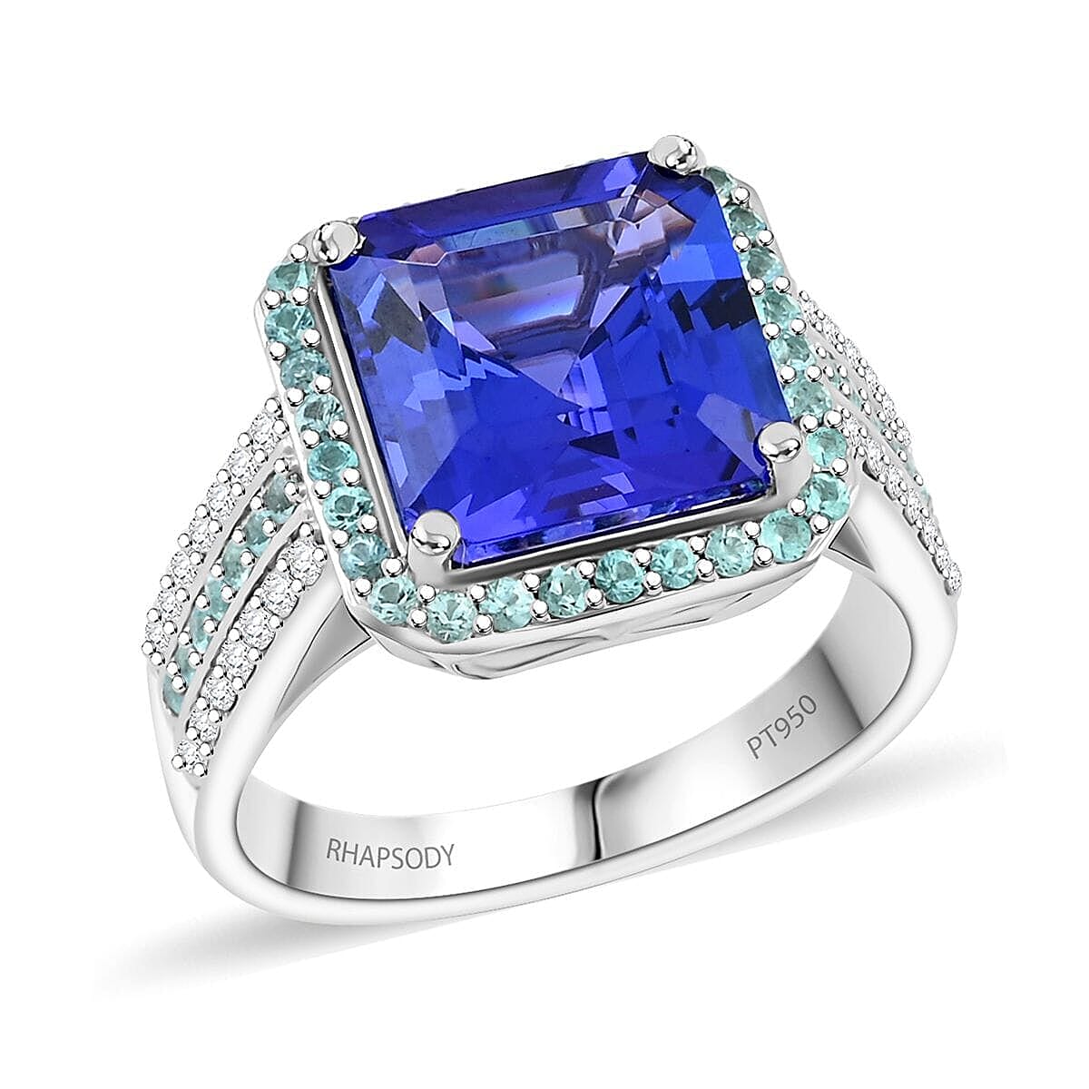 Certified & Appraised Rhapsody AAAA Tanzanite, Paraiba Tourmaline and E-F VS Diamond 6.25 ctw Ring in 950 Platinum 11.50 Grams