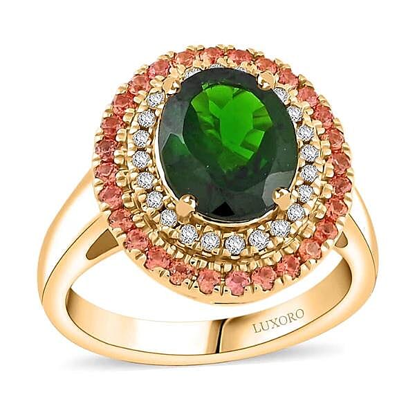Certified & Appraised Luxoro 10K Yellow Gold AAA Chrome Diopside, Padparadscha Sapphire (BT), Diamond (G-H, I2) (0.17 cts) Ring (Size 10.0) (6 g) 3.00 ctw
