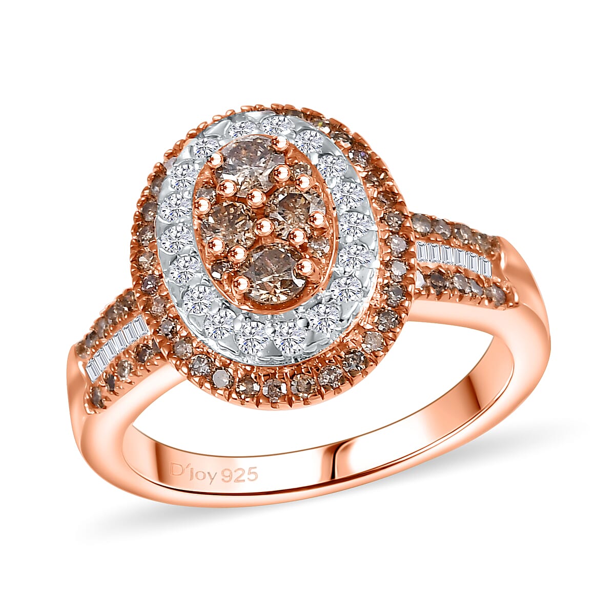 Natural Champagne and White Diamond Ring in 18K Vermeil RG Over Sterling Silver (Size 10.0) 1.00 ctw