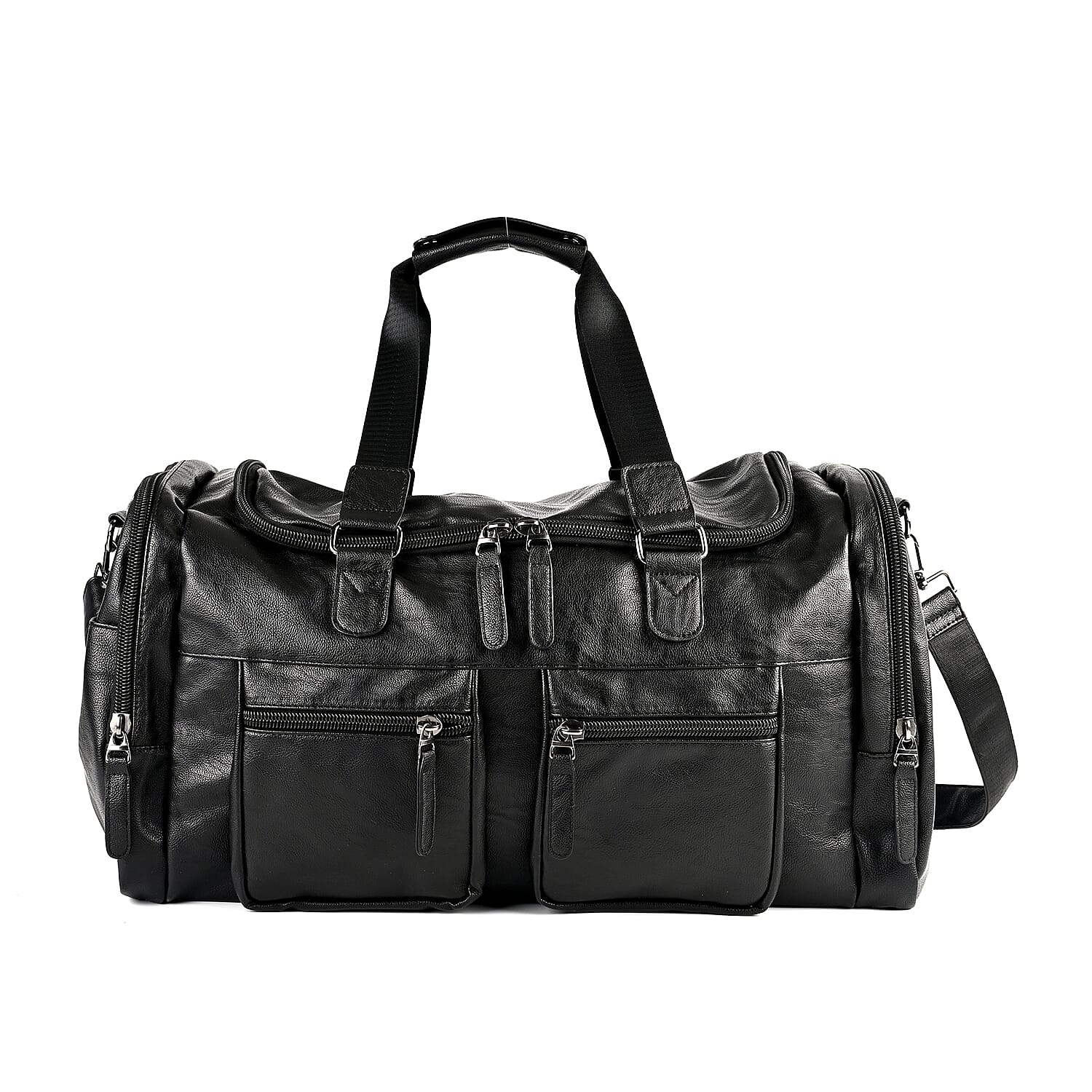 Faux Leather Double Pocket Duffel Bag