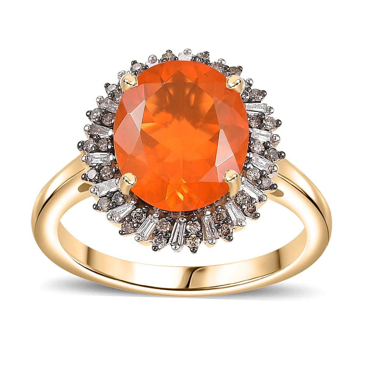 Epic Deal Luxoro 10K Yellow Gold AAA Buriti Fire Opal, Natural Champagne and White Diamond (I2) (0.25 cts) Sunburst Ring (Size 10.0) 2.80 ctw
