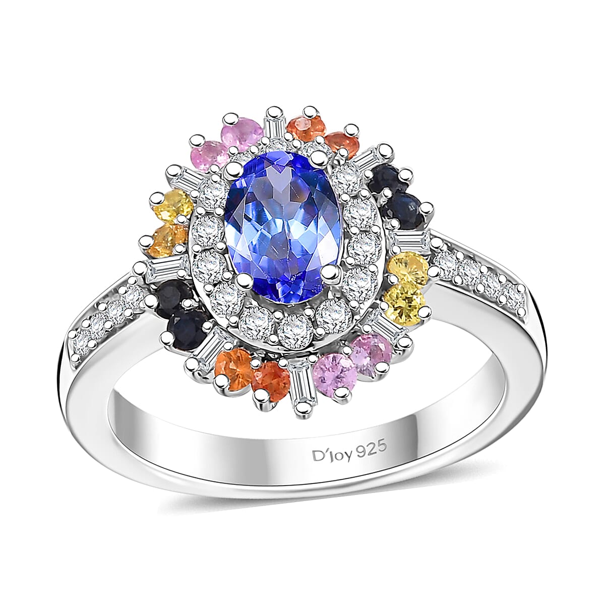 Tanzanite, Multi Sapphire and Moissanite Radiant Harmony Ring in Rhodium Over Sterling Silver (Size 6.0) 1.75 ctw