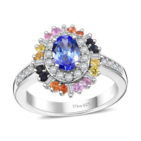 Tanzanite, Multi Sapphire and Moissanite Radiant Harmony Ring in Rhodium Over Sterling Silver (Size 6.0) 1.75 ctw