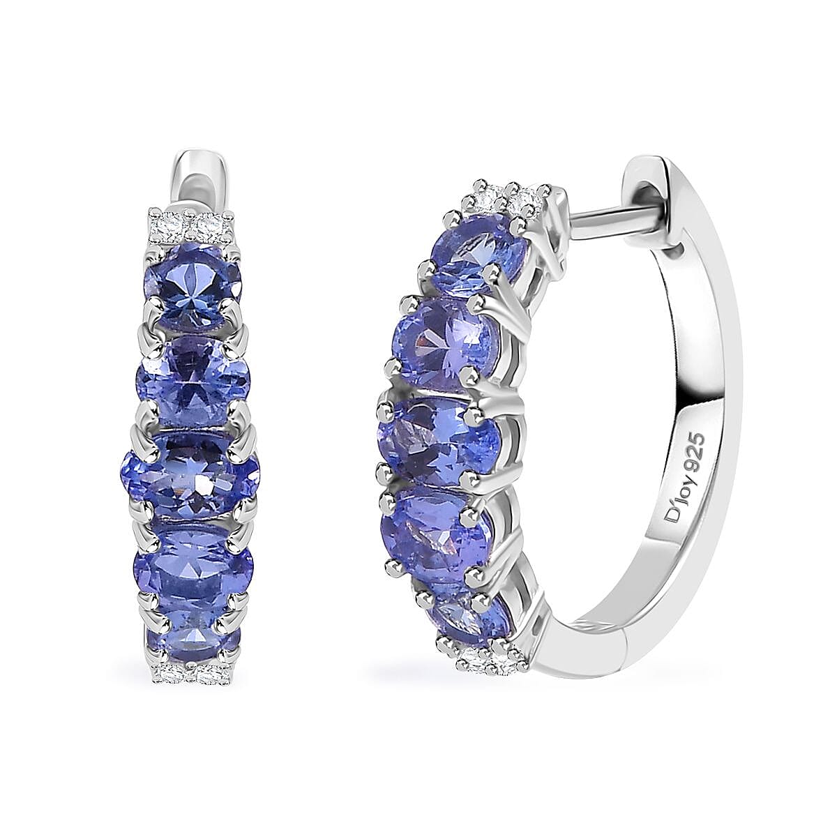 D'Joy Tanzanite and Moissanite 1.85 ctw Hoop Earrings in Rhodium Over Sterling Silver