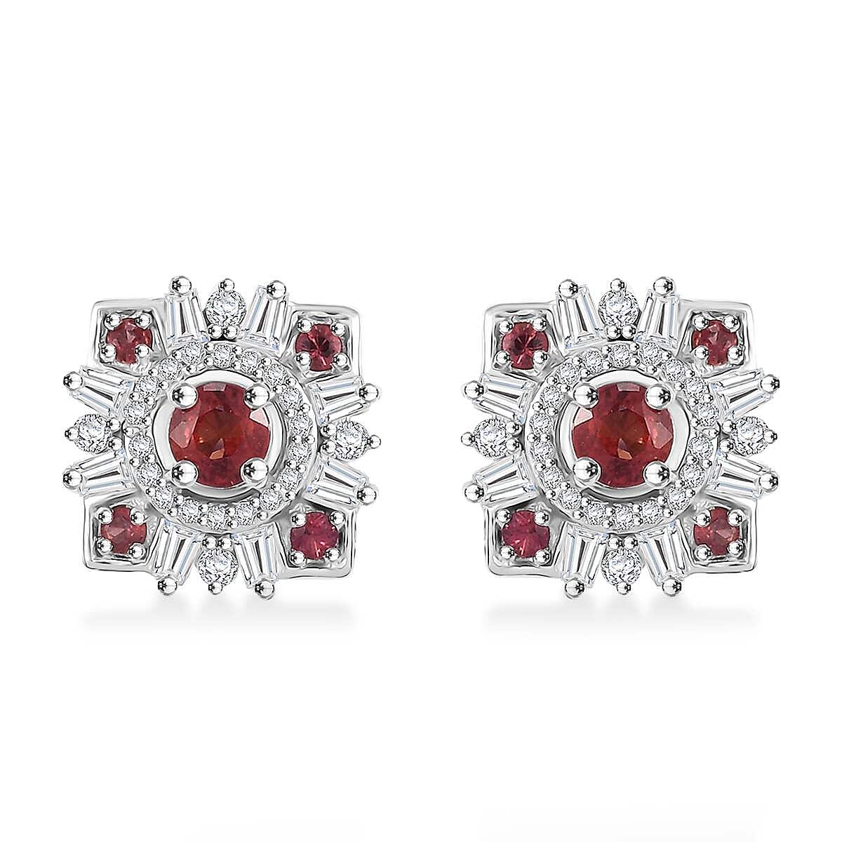 D'Joy Premium Red Sapphire and Moissanite 1.10 ctw Floral Earrings in Rhodium Over Sterling Silver