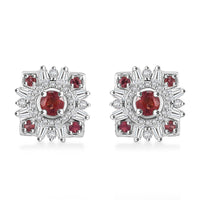 D'Joy Premium Red Sapphire and Moissanite 1.10 ctw Floral Earrings in Rhodium Over Sterling Silver