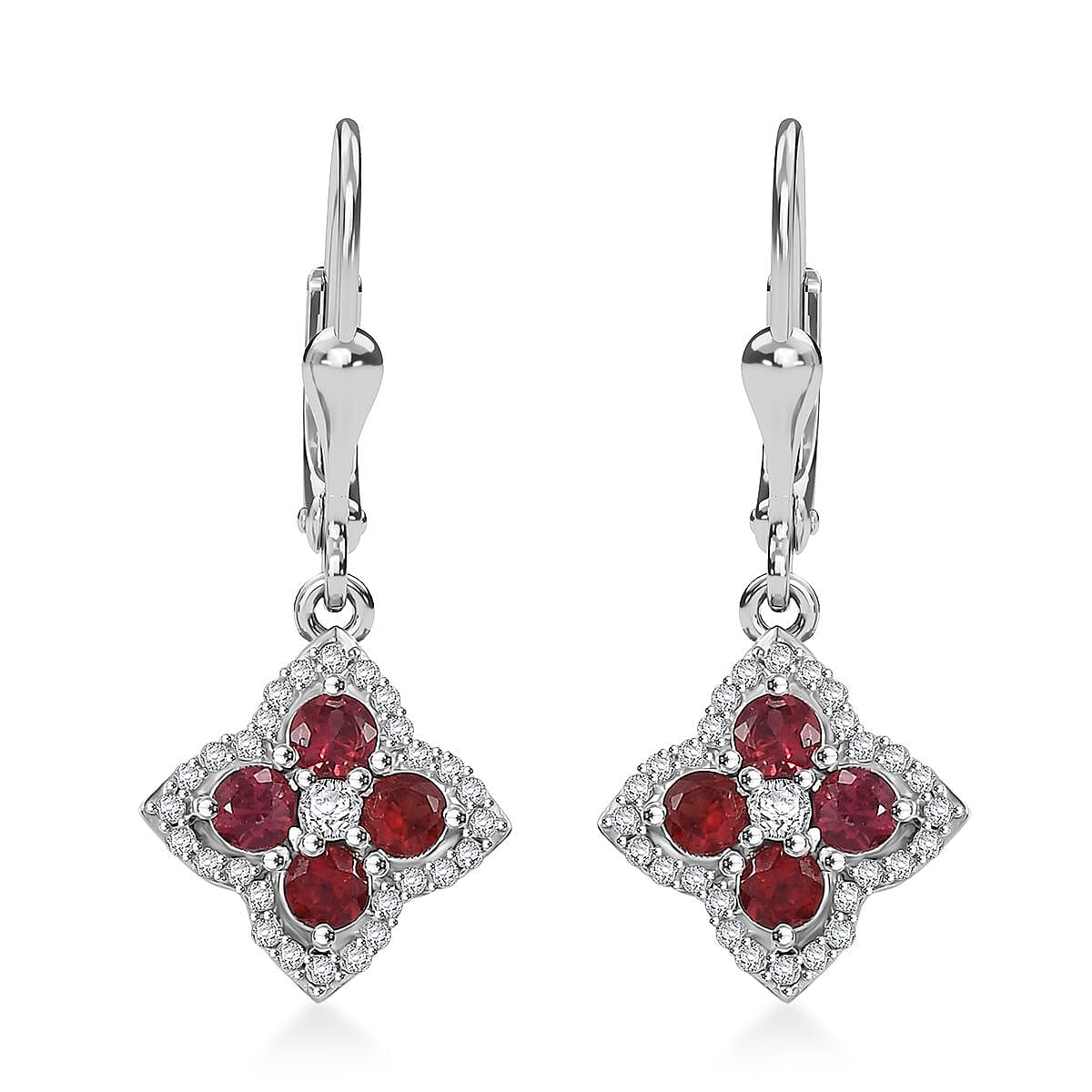 D'Joy Premium Red Sapphire and Moissanite 1.75 ctw Clover Leaf Earrings in Rhodium Over Sterling Silver