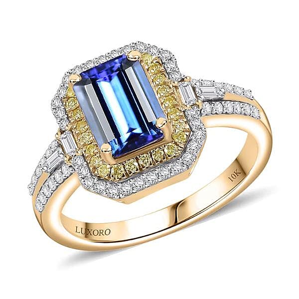 Luxoro 10K Yellow Gold Premium Tanzanite, Natural Yellow and White Diamond (I2) (0.55 cts) Ring (Size 7.0) 2.35 ctw