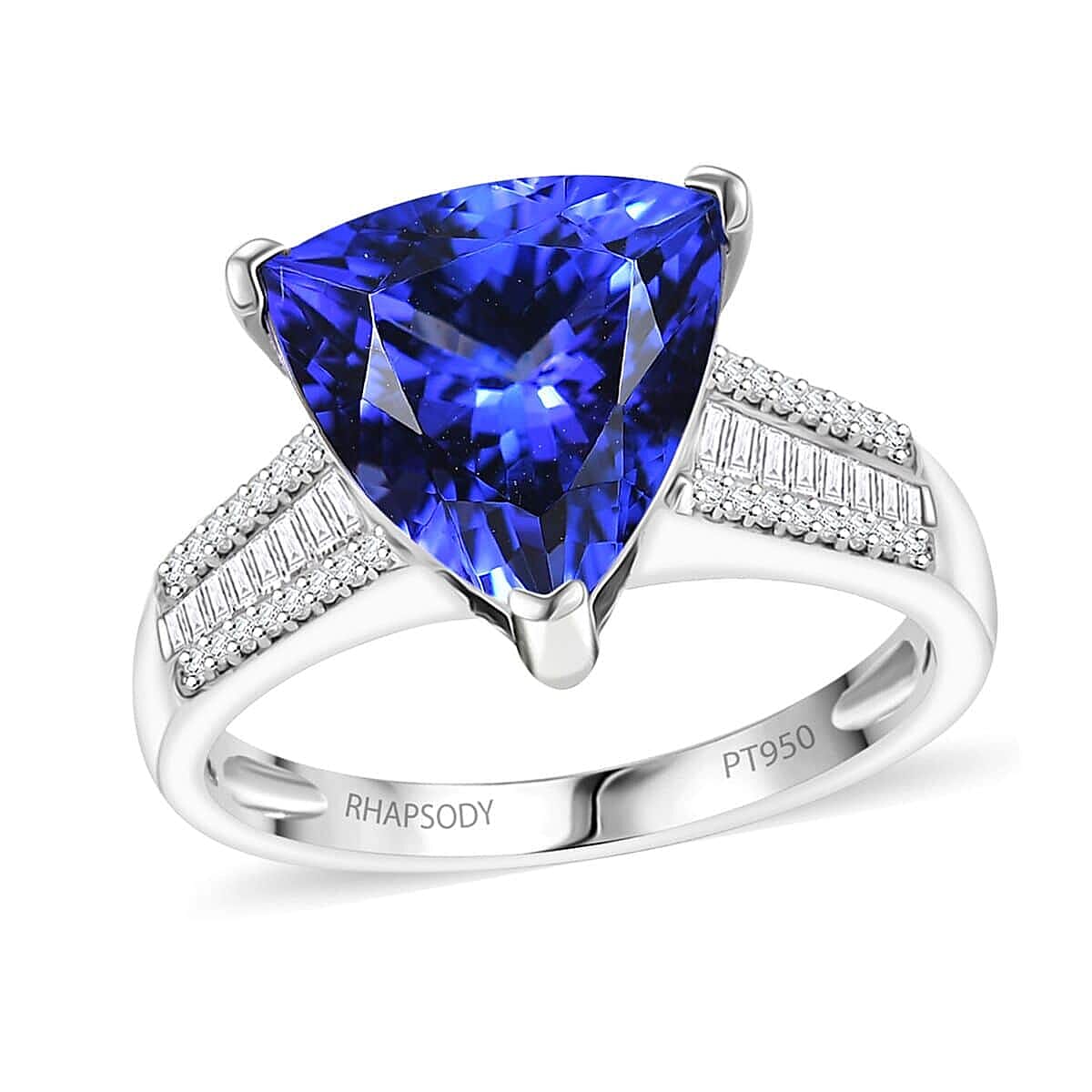 Doorbuster Rhapsody 950 Platinum AAAA Tanzanite, Diamond (E-F, VS2) (0.30 cts) Ring (Size 7.0) (5.60 g) 4.30 ctw