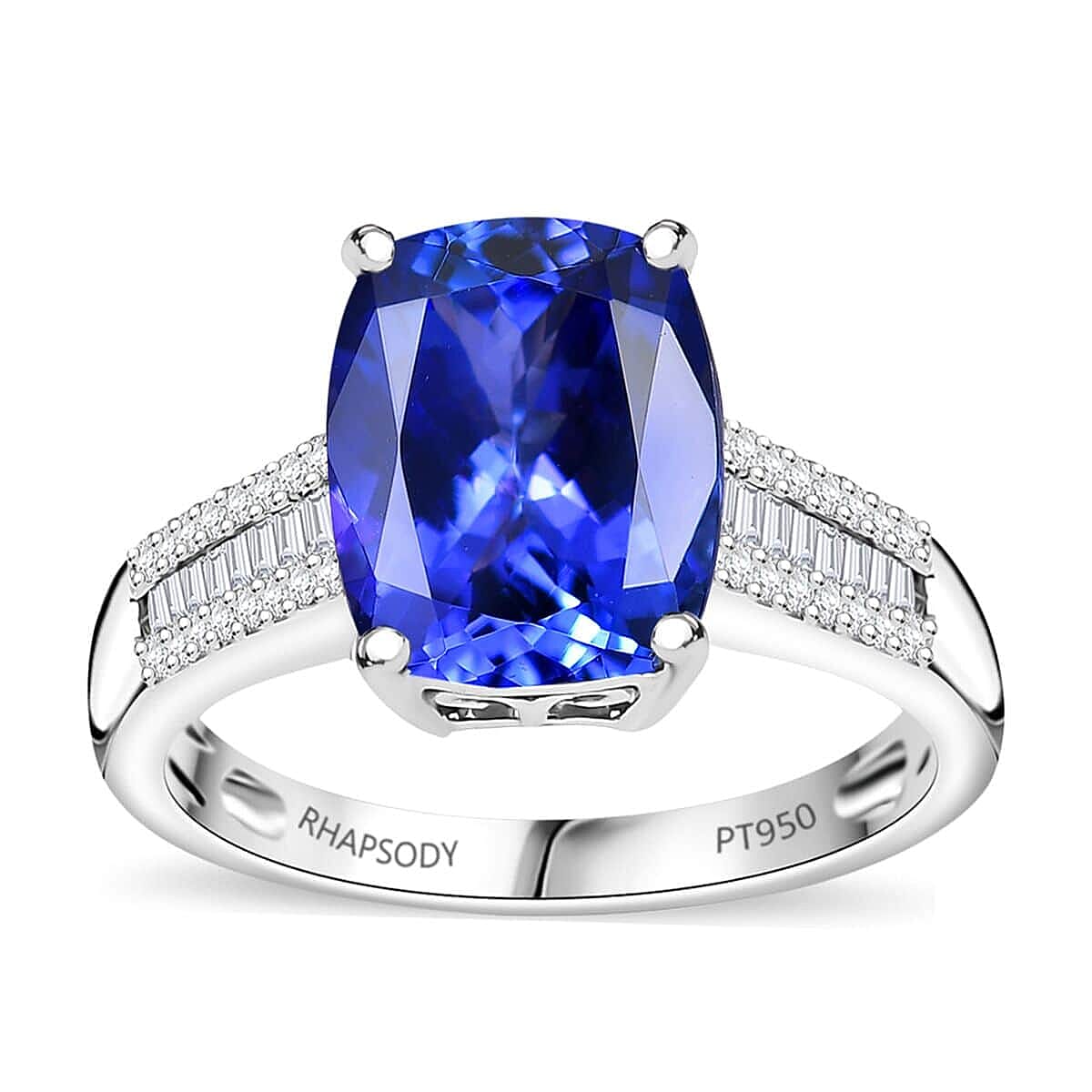Doorbuster Rhapsody 950 Platinum AAAA Tanzanite, Diamond (E-F, VS2) (0.30 cts) Ring (Size 7.0) (7 g) 4.15 ctw