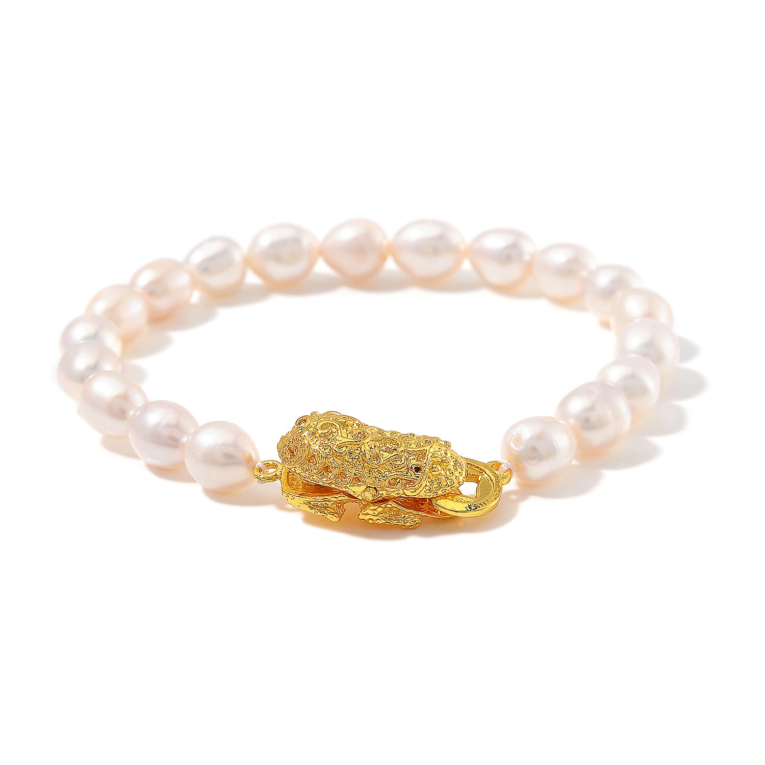 White Freshwater Pearl Bracelet with Pixiu Charm in Goldtone (6.50 In)