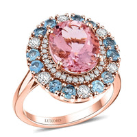 Doorbuster Certified & Appraised Luxoro AAA Pink Morganite, Santa Maria Aquamarine, I2 Diamond 4.85 ctw Double Halo Ring in 10K Rose Gold (Size 10.0)