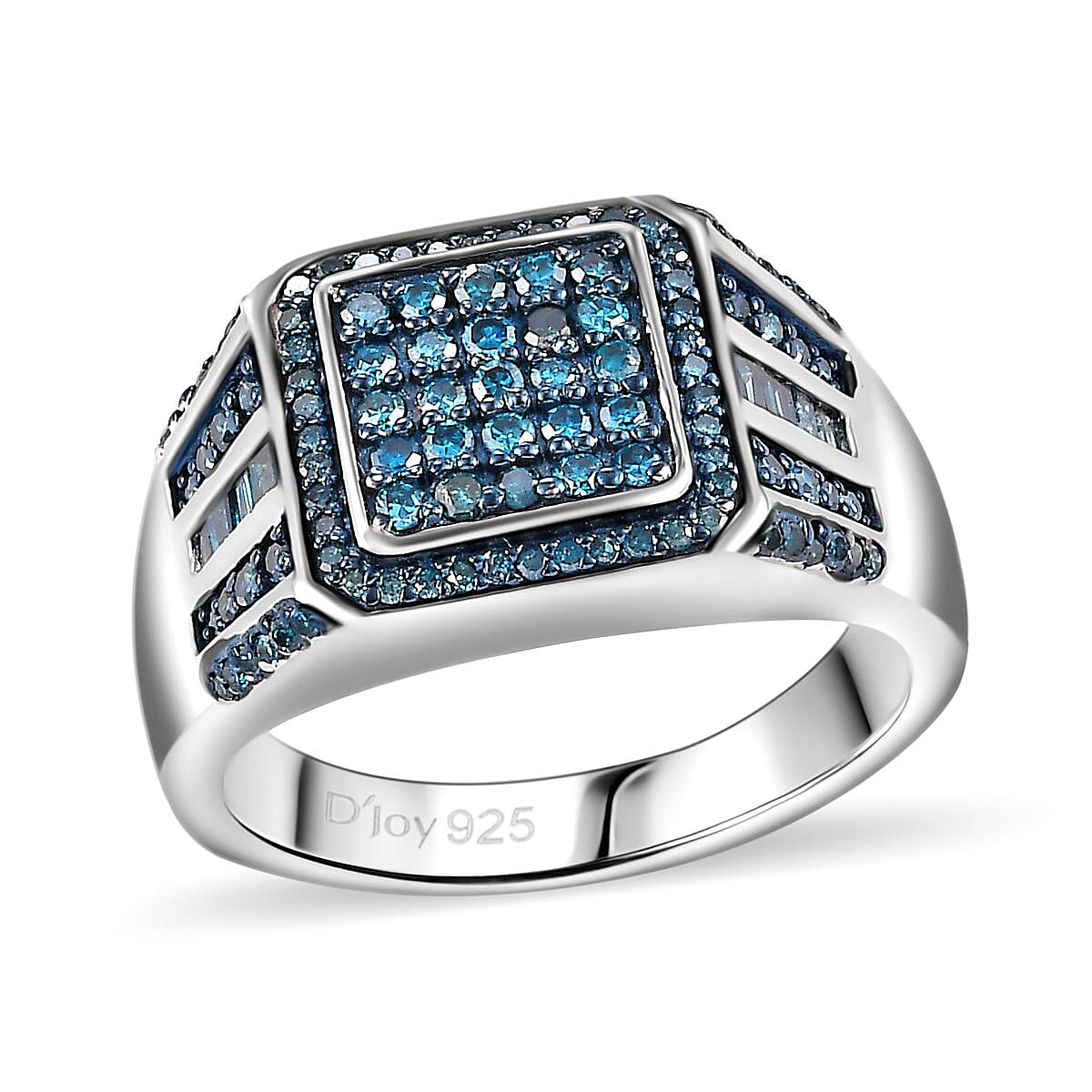 Blue Diamond (IR) Men's Ring in Rhodium Over Sterling Silver (Size 10.0) 1.00 ctw