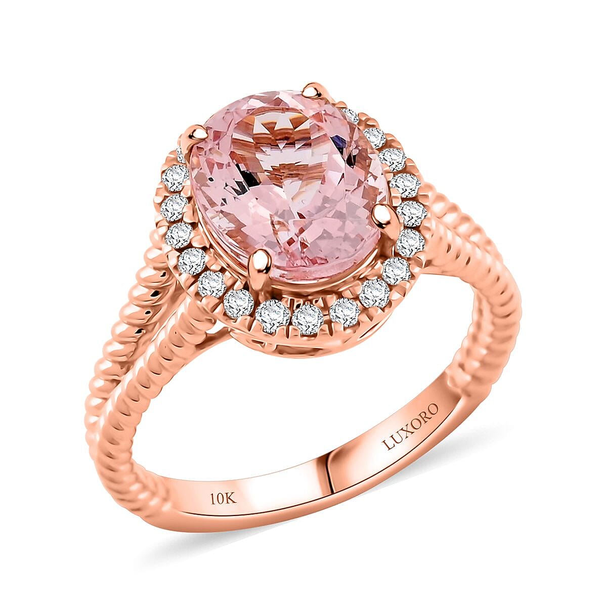Certified & Appraised Luxoro 10K Rose Gold AAA Pink Morganite, Diamond (G-H, I2) (0.29 cts) Split Shank Halo Ring (Size 10.0) 2.75 ctw