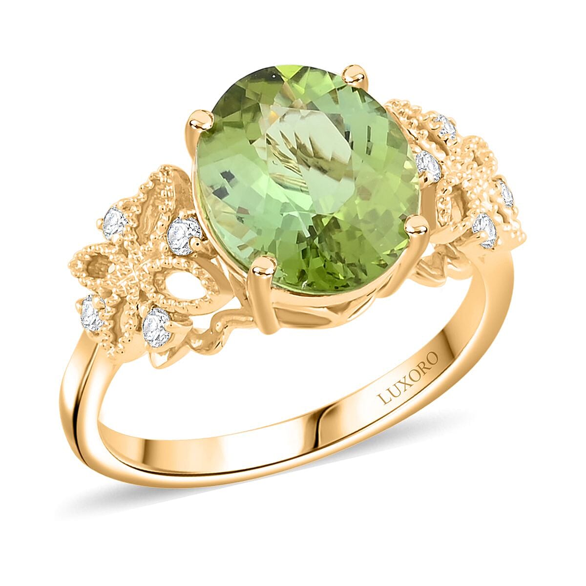 Doorbuster Certified & Appraised Luxoro 10K Yellow Gold AAA Golconda Green Tourmaline, Diamond (G-H, I2) (0.15 cts) Ring (Size 7.0) 3.75 ctw