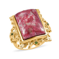 Karis Norwegian Thulite and Chrome Diopside 20.00 ctw Rosetta Vintage Ring in 18K Yellow Gold Plated