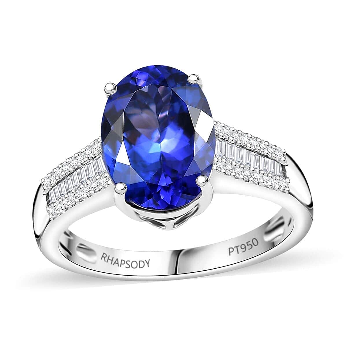 Doorbuster Rhapsody 950 Platinum AAAA Tanzanite, Diamond (E-F, VS2) (0.30 cts) Ring (Size 7.0) (6.10 g) 4.30 ctw
