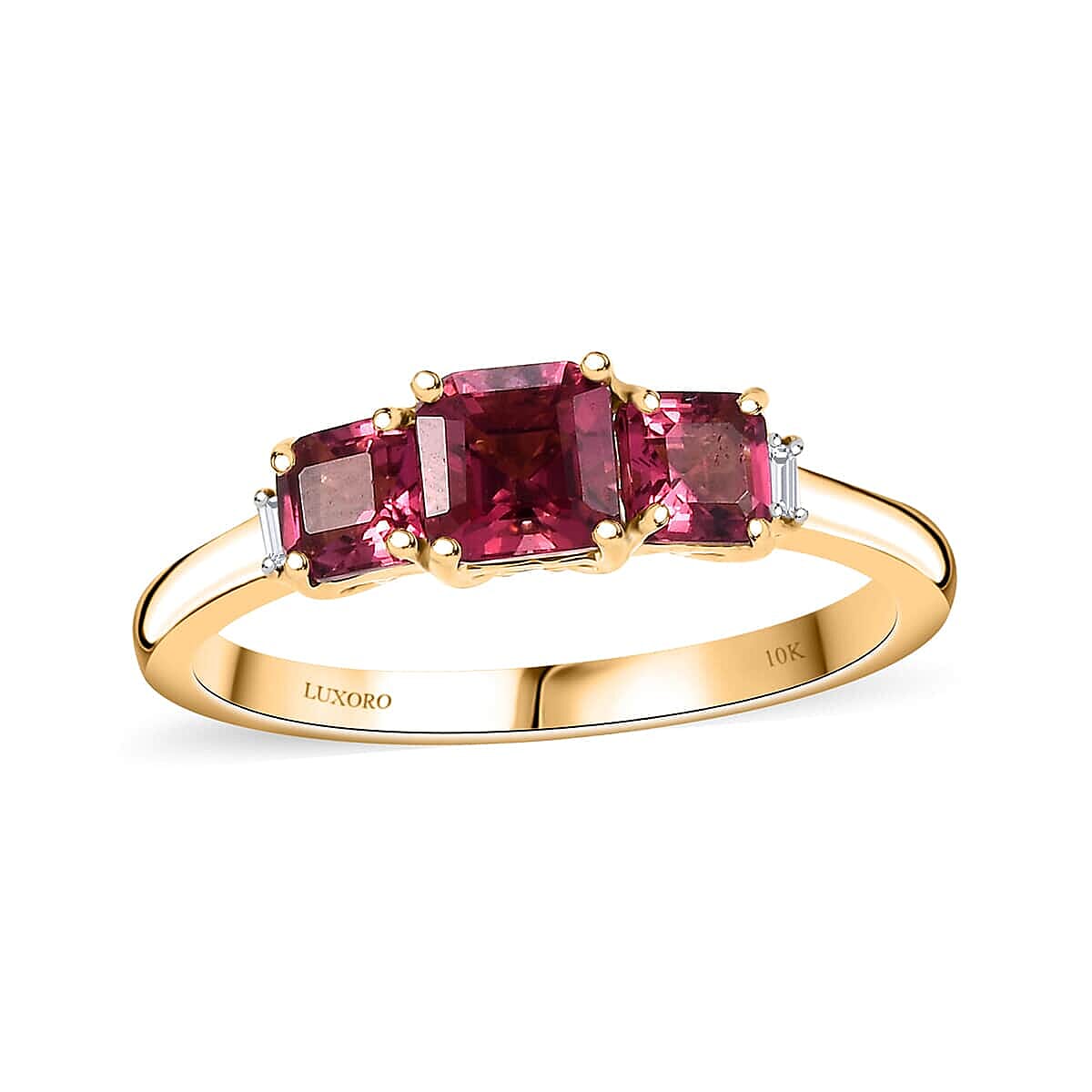 Certified & Appraised Luxoro AAA Asscher Cut Ouro Fino Rubellite and I2 Diamond 1.50 ctw Ring in 10K Yellow Gold (Size 10.0) (Del. in 10-12 Days)