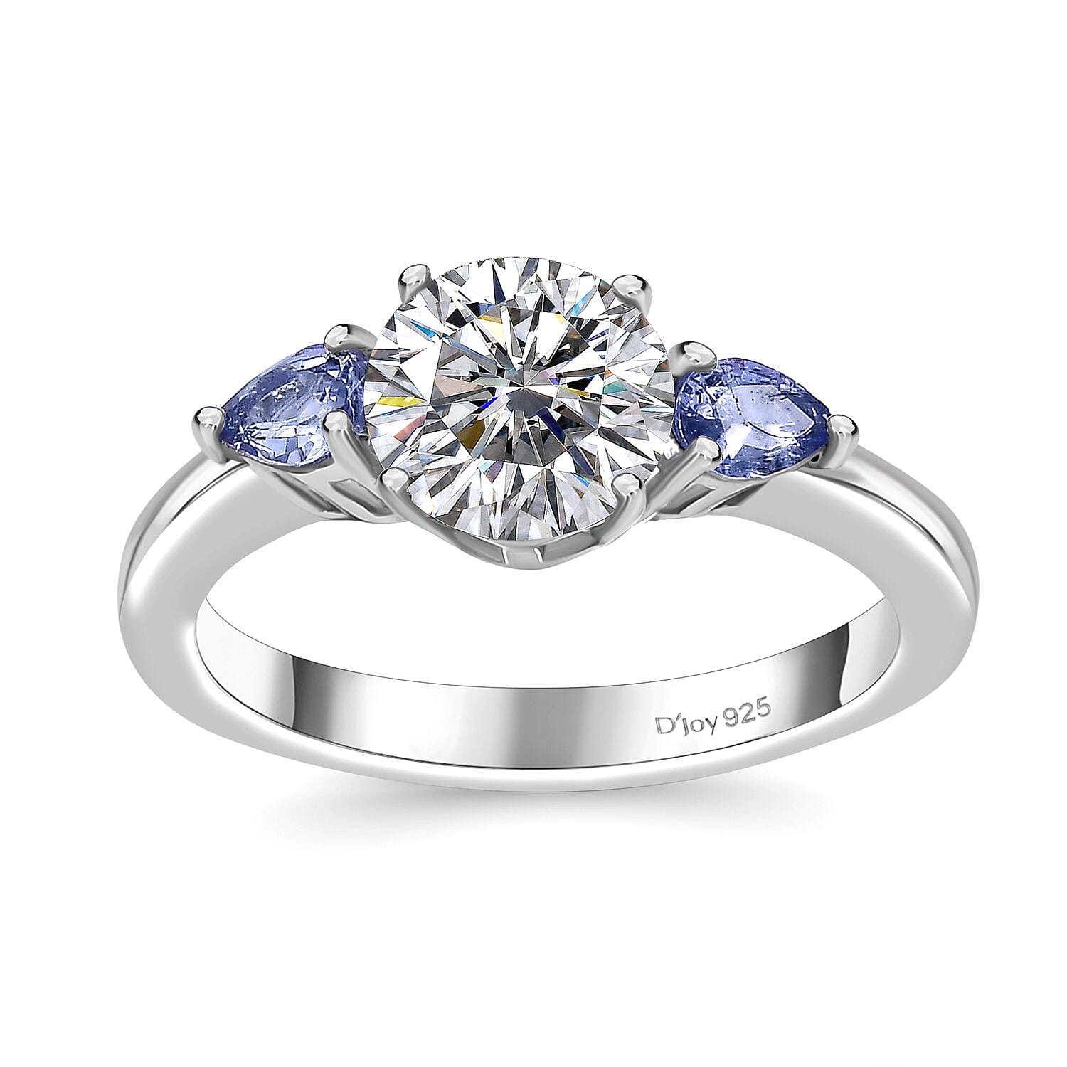 Moissanite (Rnd 7mm), Tanzanite Ring in Rhodium Over Sterling Silver (Size 10.0) 1.50 ctw