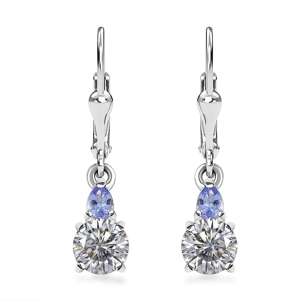 D'Joy Moissanite and Tanzanite 1.85 ctw Lever Back Earrings in Rhodium Over Sterling Silver
