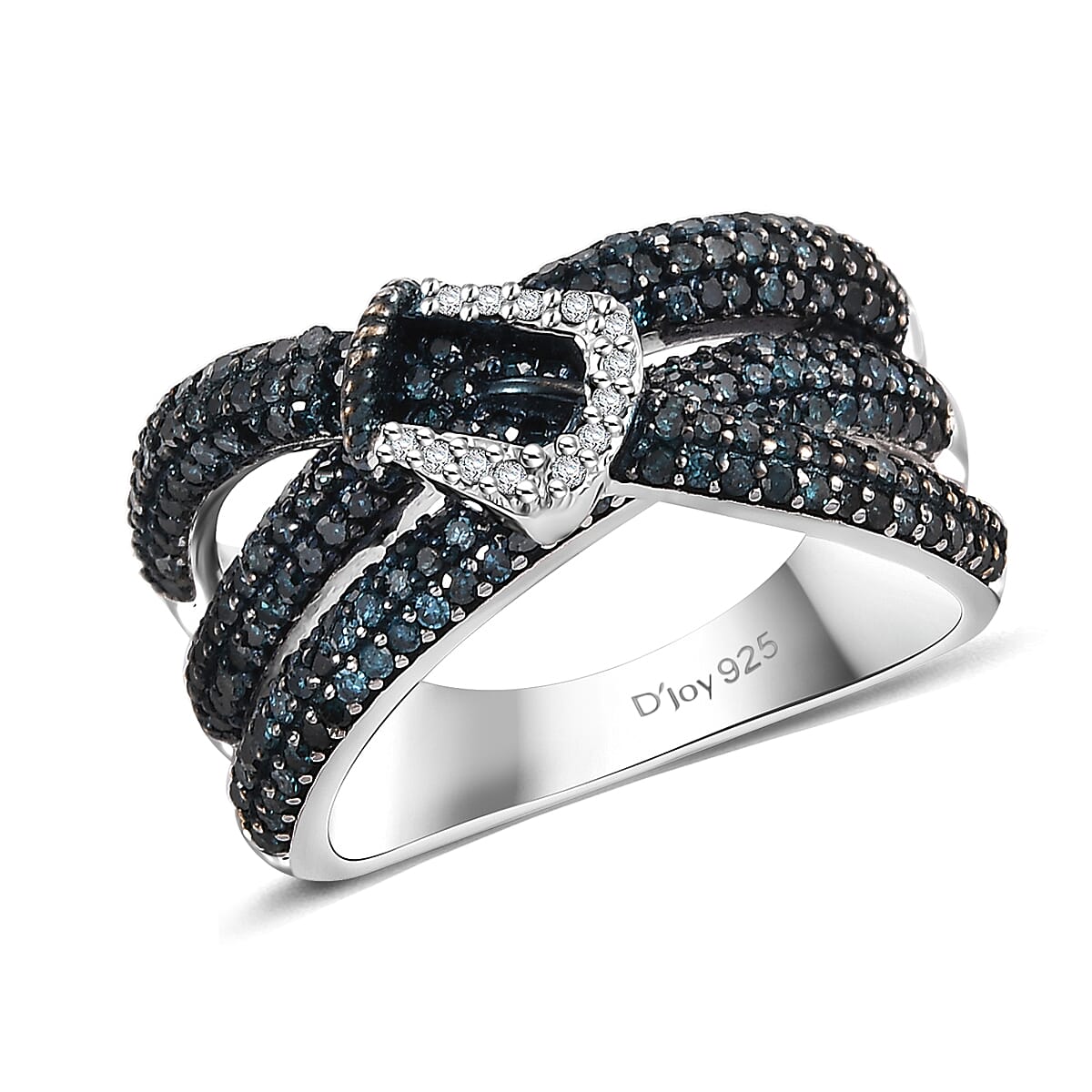 Blue Diamond (IR), Diamond Buckle Ring in Rhodium Over Sterling Silver (Size 6.0) 1.00 ctw