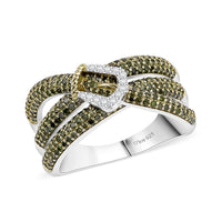 Blue Diamond (IR), Diamond Buckle Ring in Rhodium Over Sterling Silver (Size 6.0) 1.00 ctw