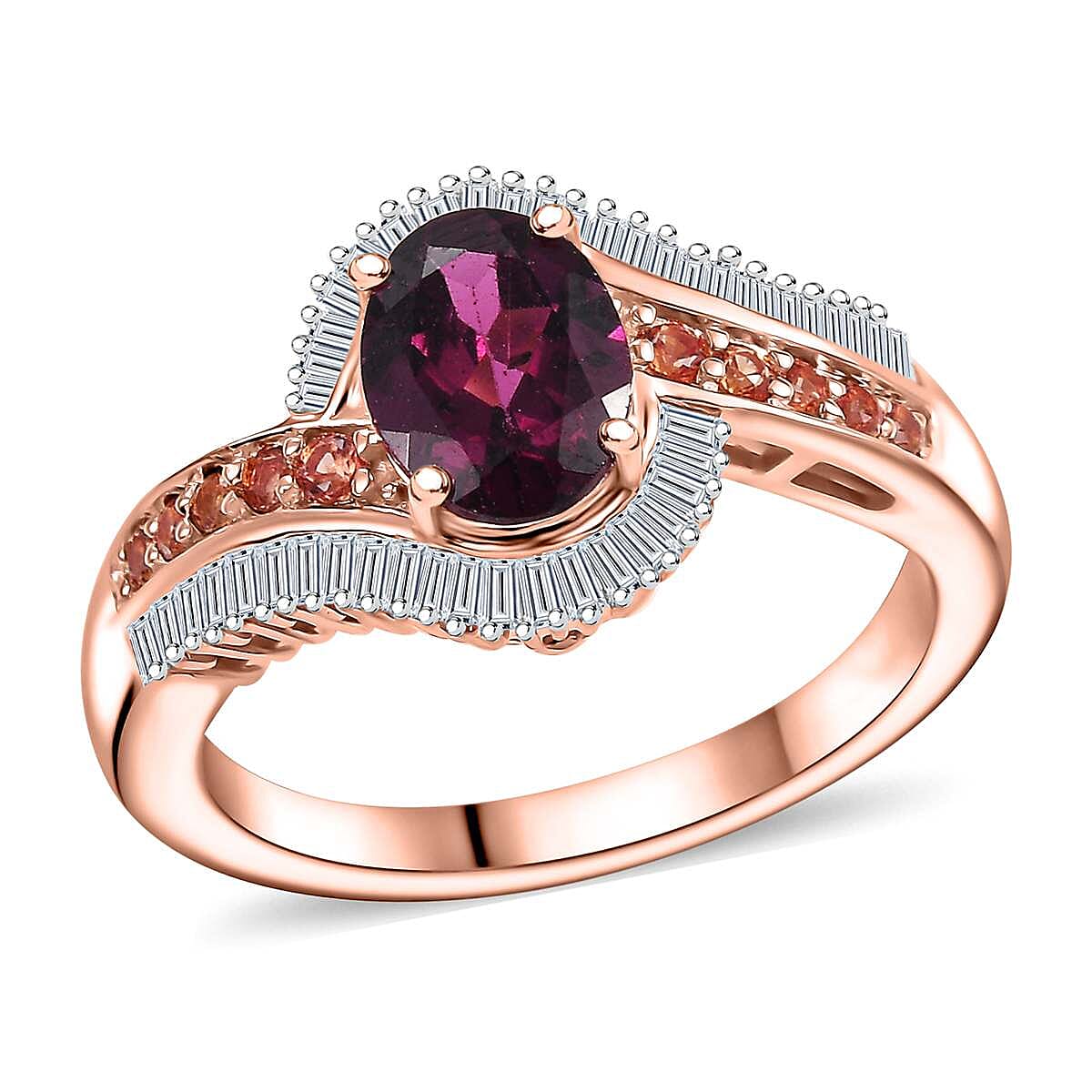 AAA Radiant Ember Garnet, Padparadscha Sapphire (BT), Diamond Ring in 18K Vermeil RG Over Sterling Silver (Size 7.0) 2.00 ctw