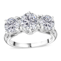 Moissanite (Rnd7 mm) Trinity Ring in Rhodium Over Sterling Silver (Size 10.0) 2.90 ctw