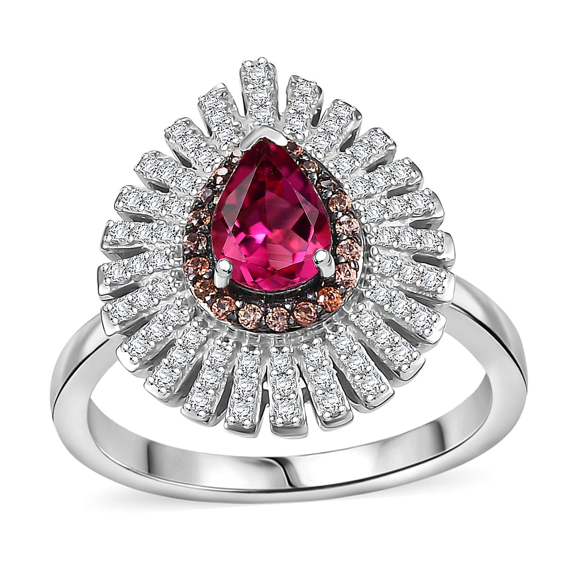 Premium Lab Created Bixbite, Brown and White Zircon 1.30 ctw Sunrays Ring in Rhodium Over Sterling Silver